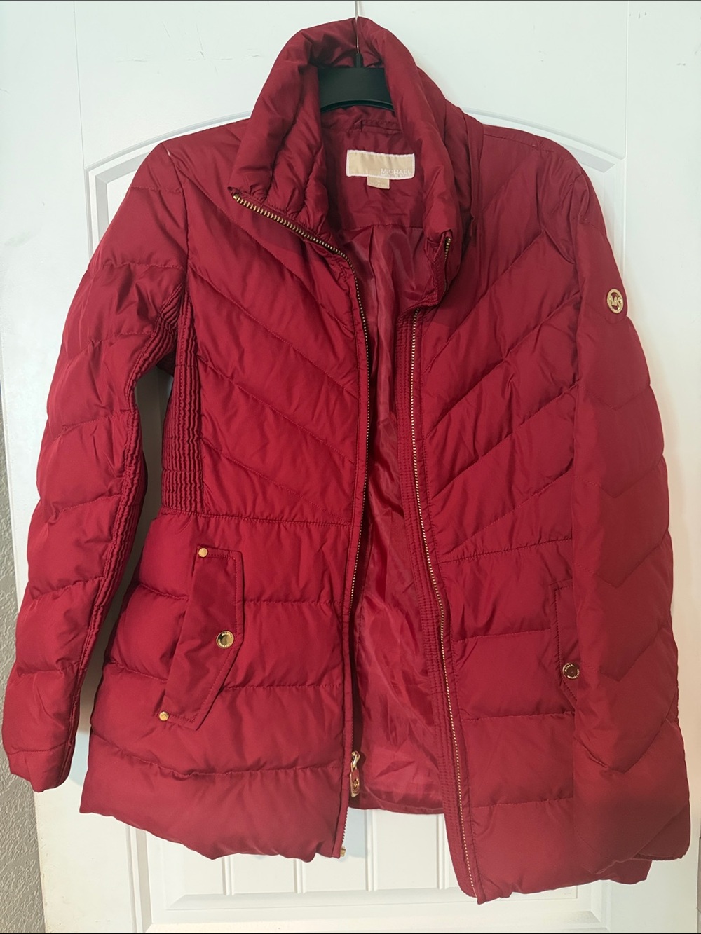 Michael Kors Red Quilted Puffer Jacket with Gold-Tone Accents